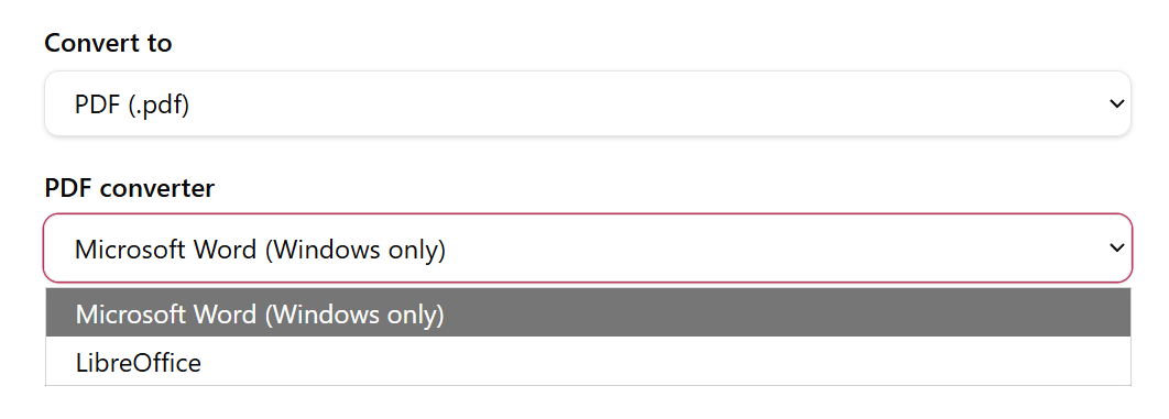 PDF converter dropdown showing Microsoft Word (Windows only) and LibreOffice